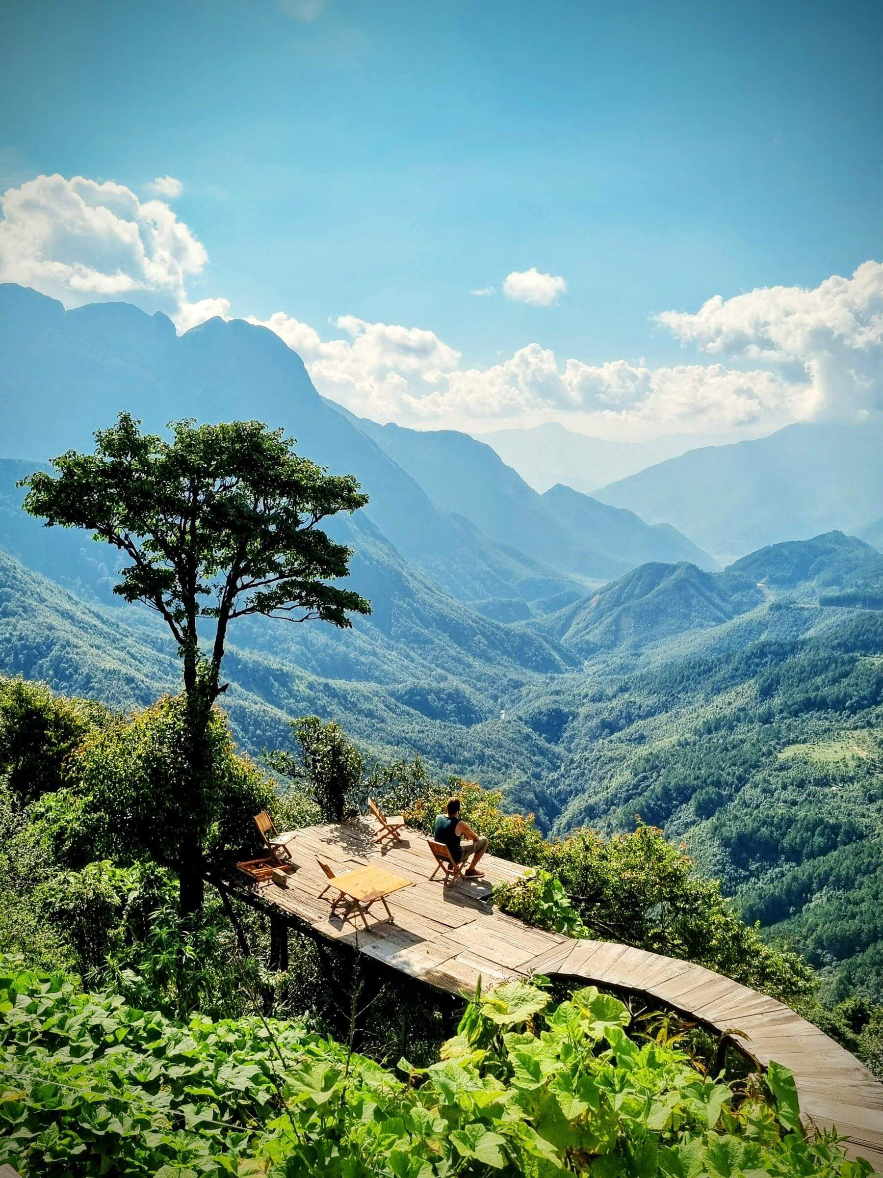 Terrace in the mountains of Vietnam, looking into the valley